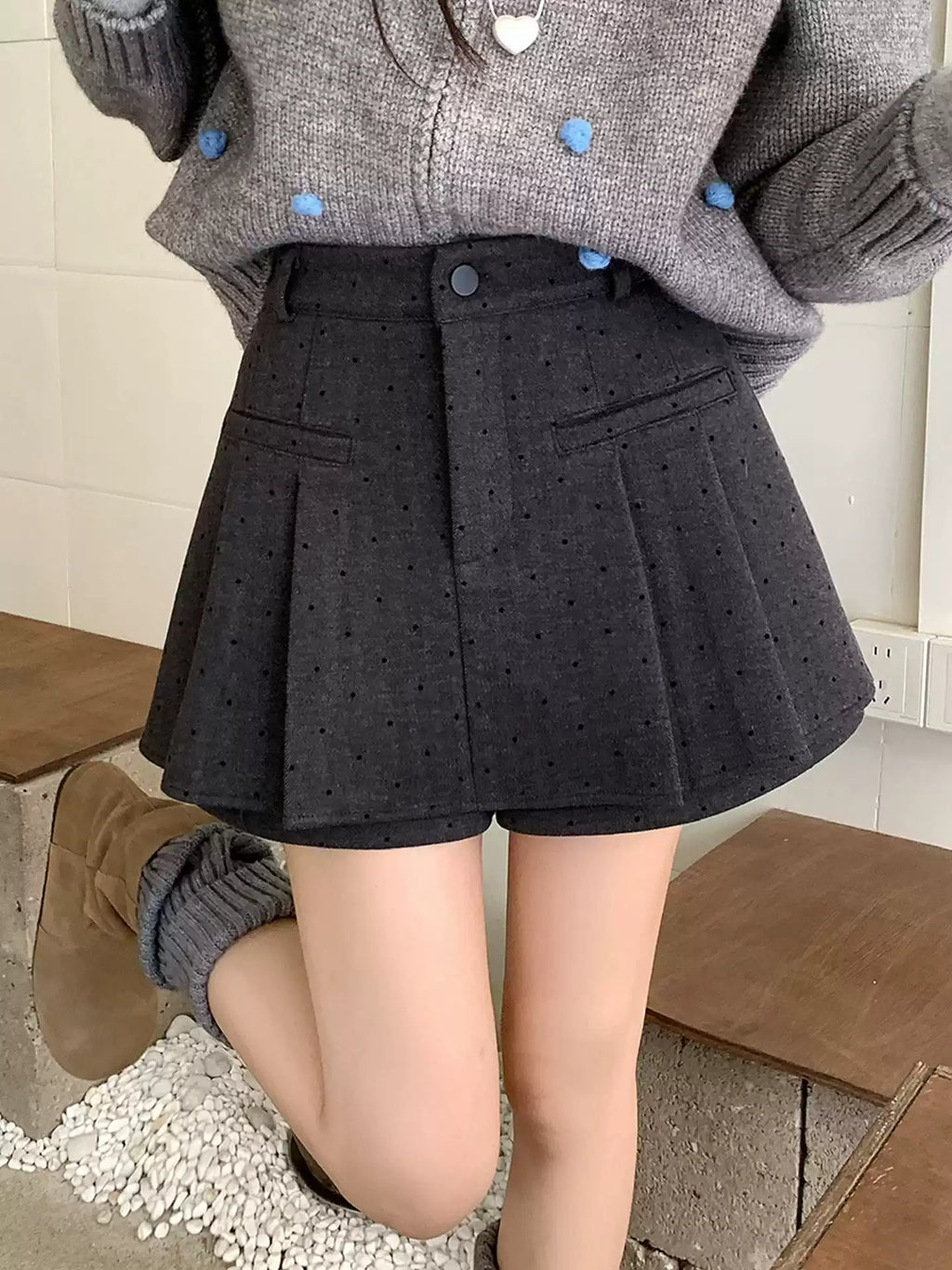 Polka dot wool midi skirt