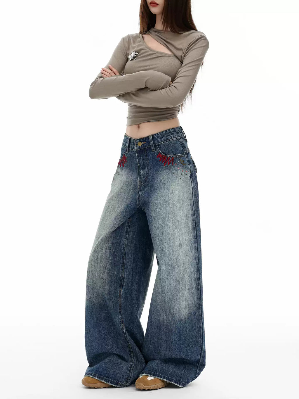 Retro heavy-duty washed wide-leg jeans