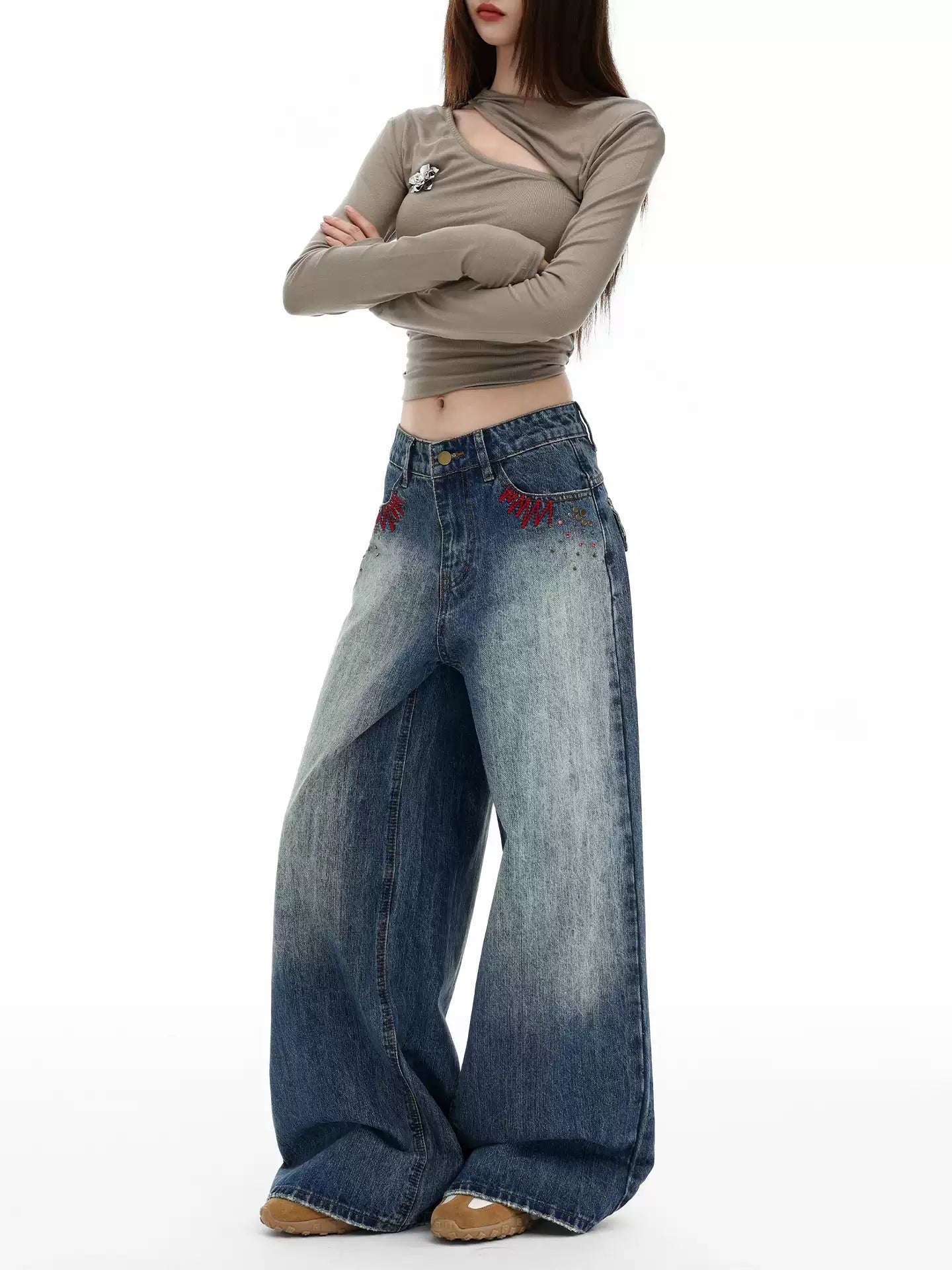 Retro heavy-duty washed wide-leg jeans