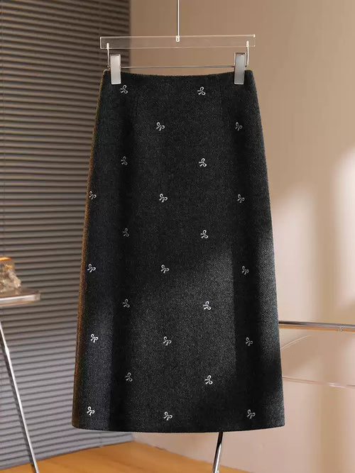 Bow Embroidered Wool Midi Skirt