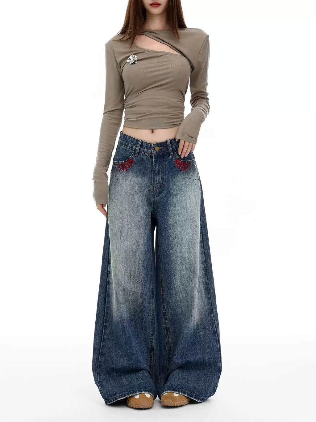 Retro heavy-duty washed wide-leg jeans