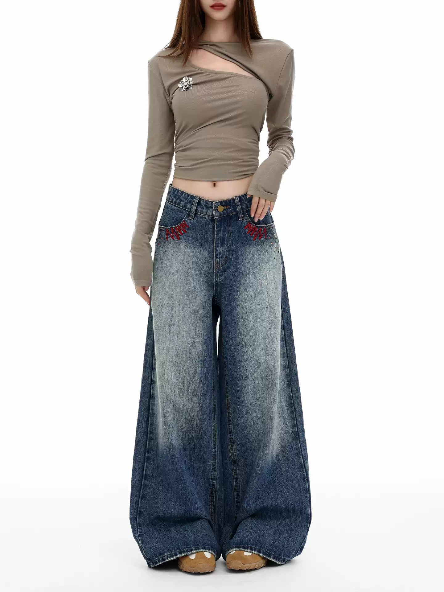 Retro heavy-duty washed wide-leg jeans