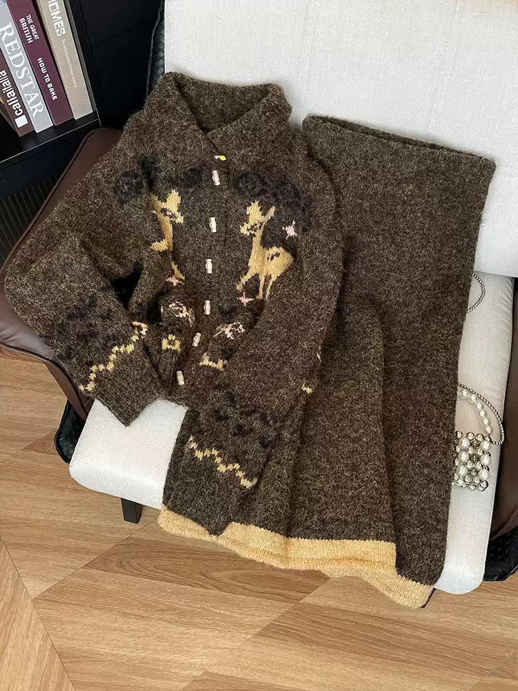 Fair Isle jacquard knit cardigan and skirt set