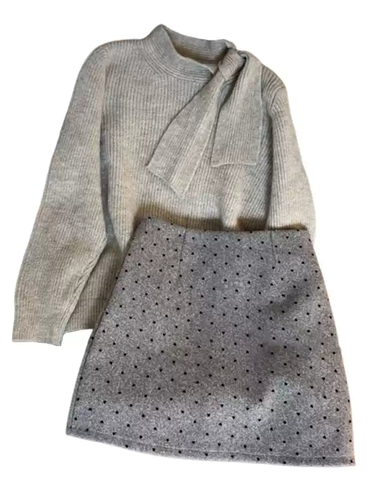 Tie-waist knit sweater and polka dot skirt set