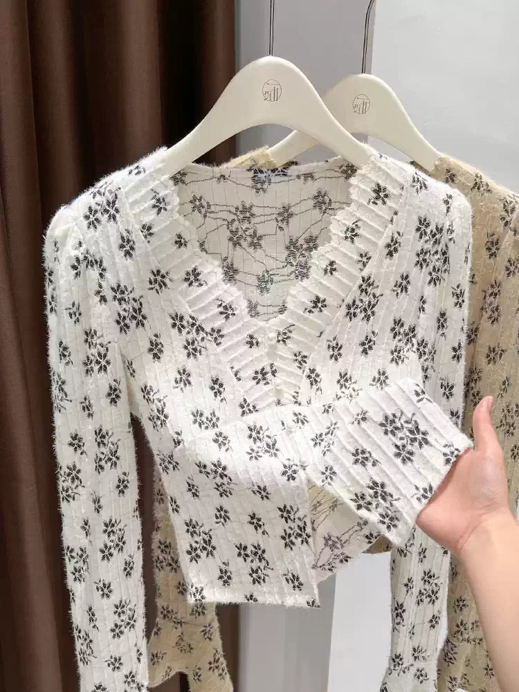 Deep V-neck floral lace top