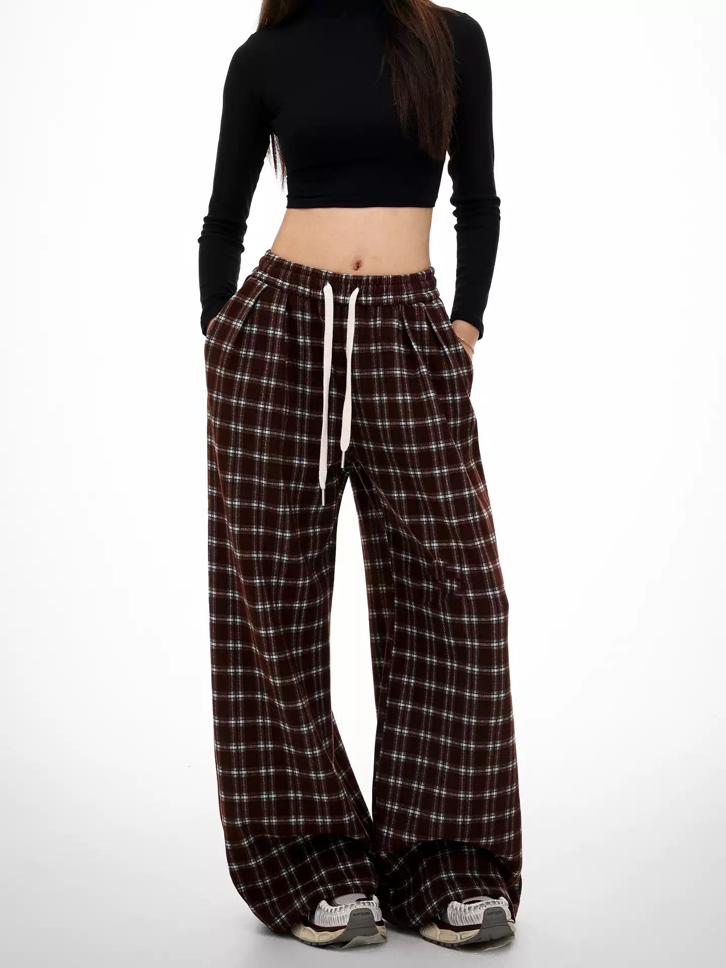 Retro wide-leg plaid casual pants