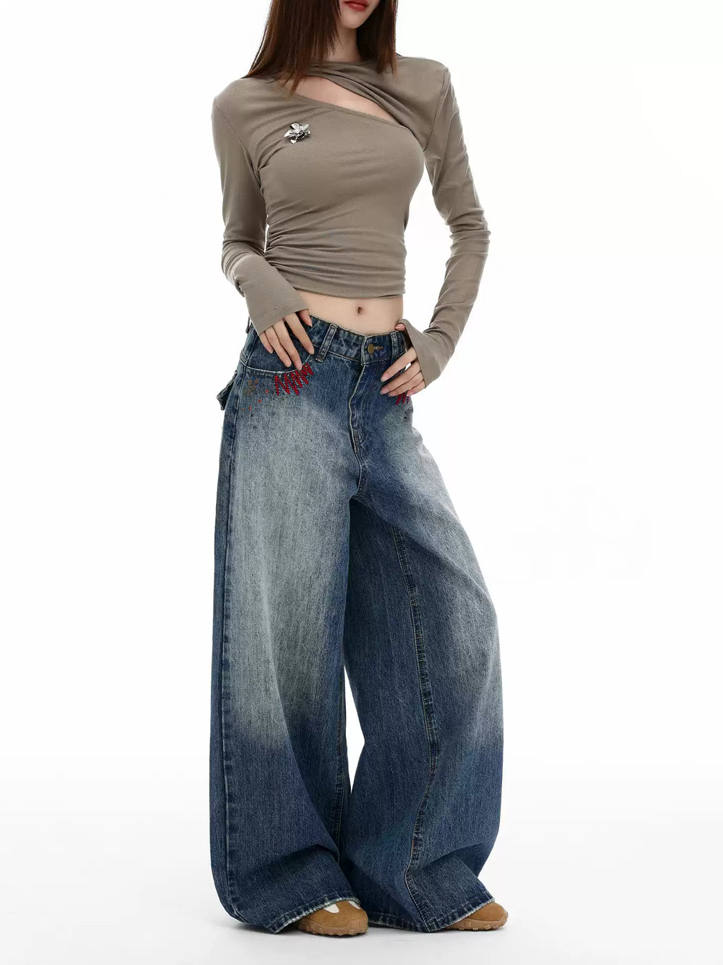 Retro heavy-duty washed wide-leg jeans