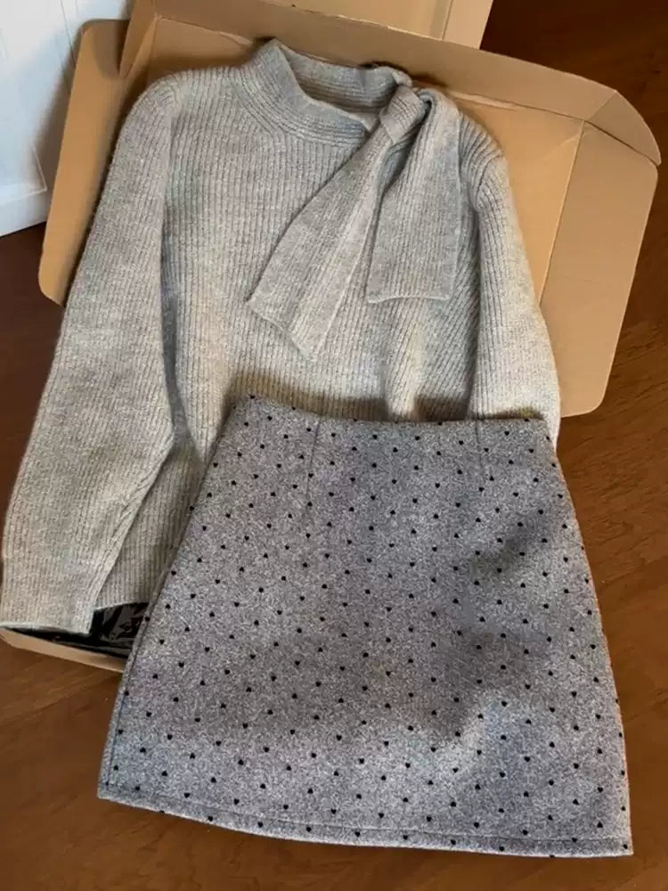 Tie-waist knit sweater and polka dot skirt set