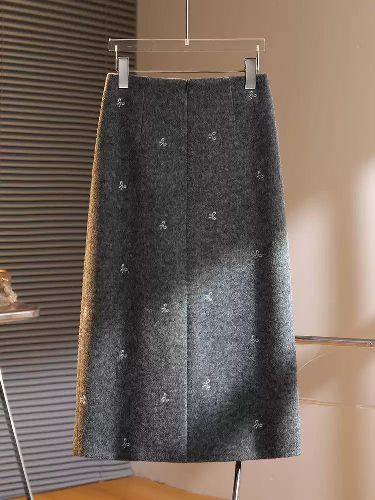 Bow Embroidered Wool Midi Skirt