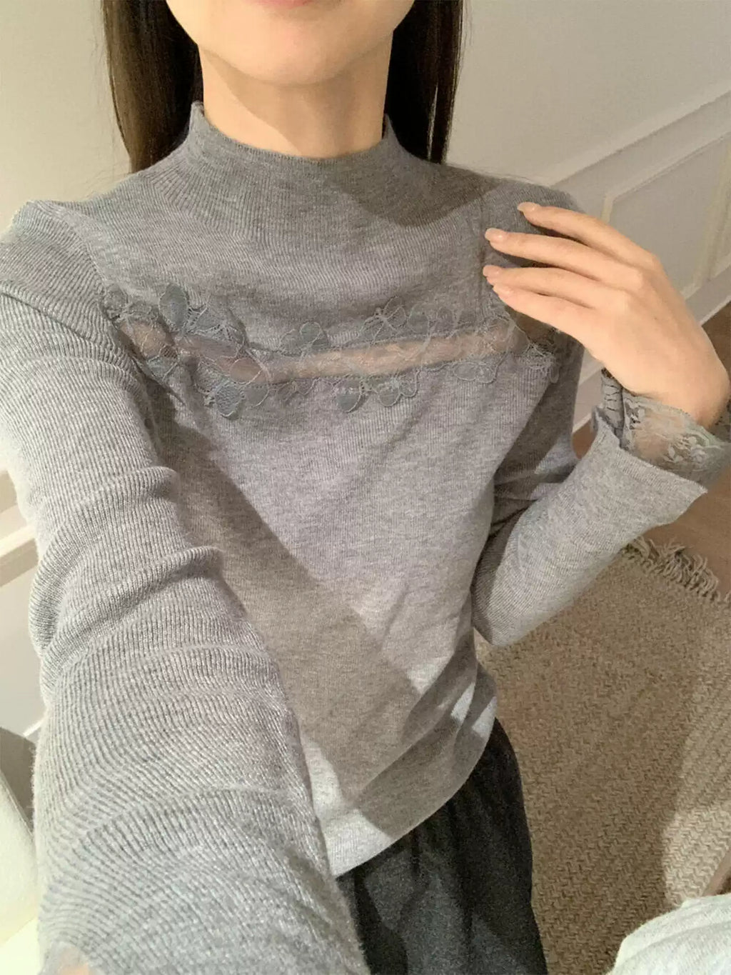 Lace-trimmed knit long sleeve