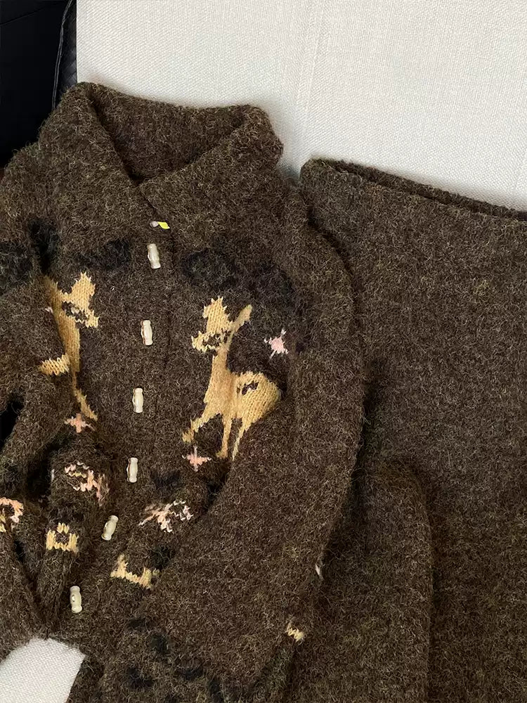 Fair Isle jacquard knit cardigan and skirt set