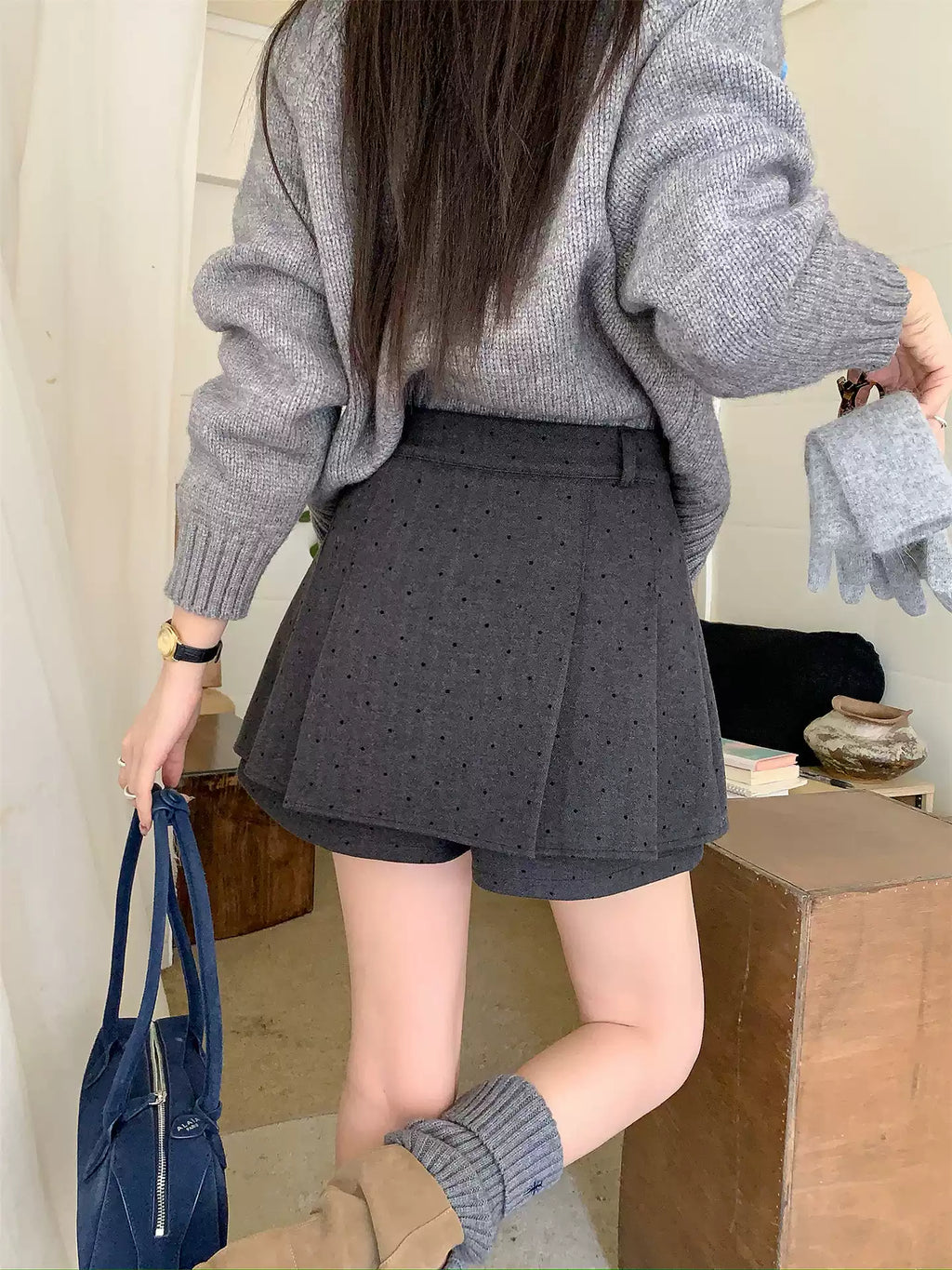 Polka dot wool midi skirt