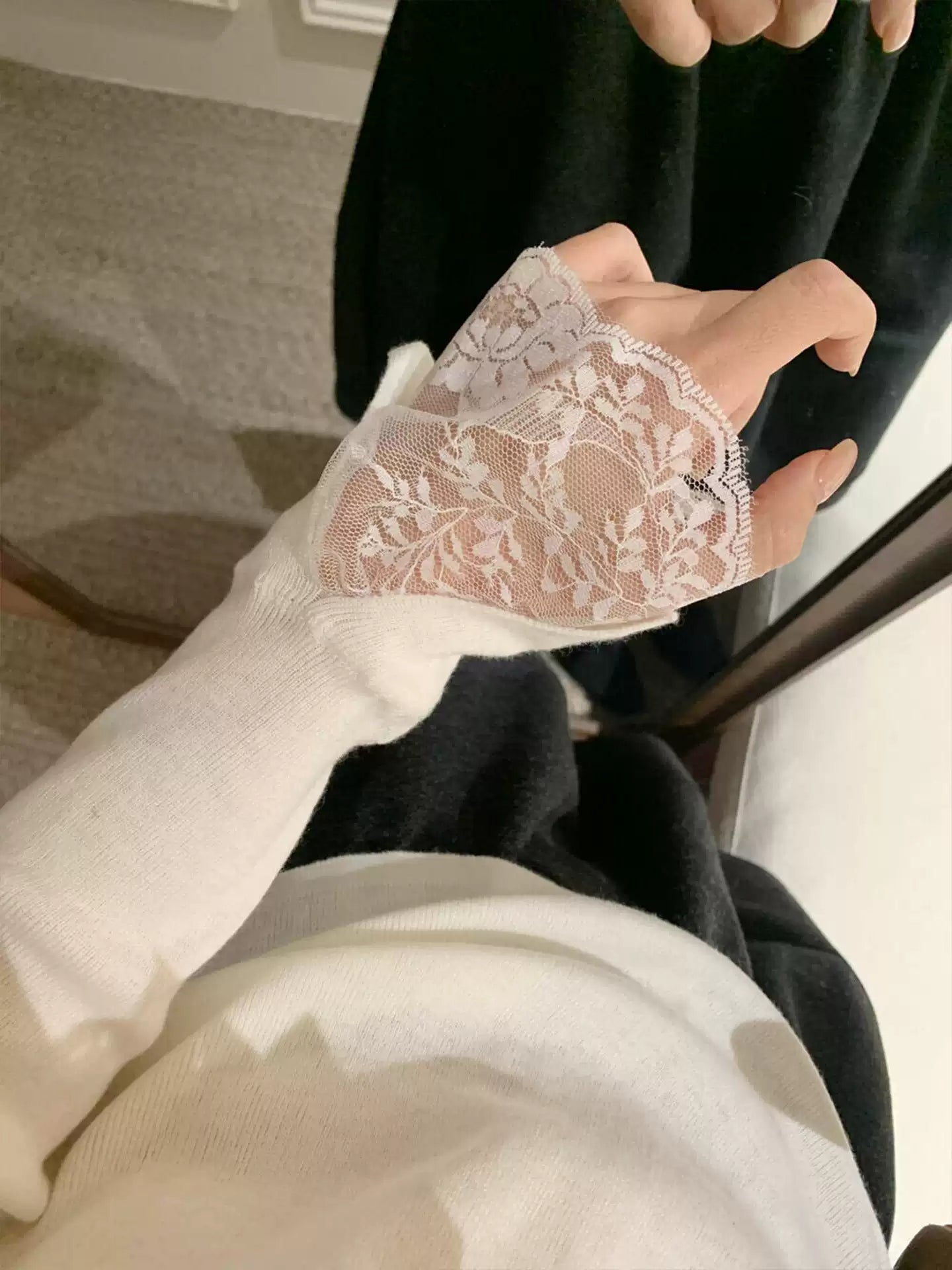 Lace-trimmed knit long sleeve