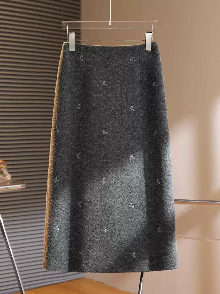 Bow Embroidered Wool Midi Skirt