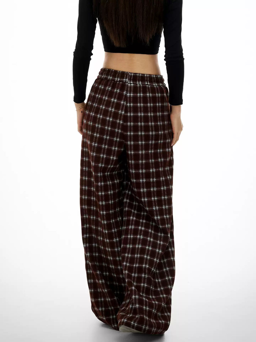 Retro wide-leg plaid casual pants