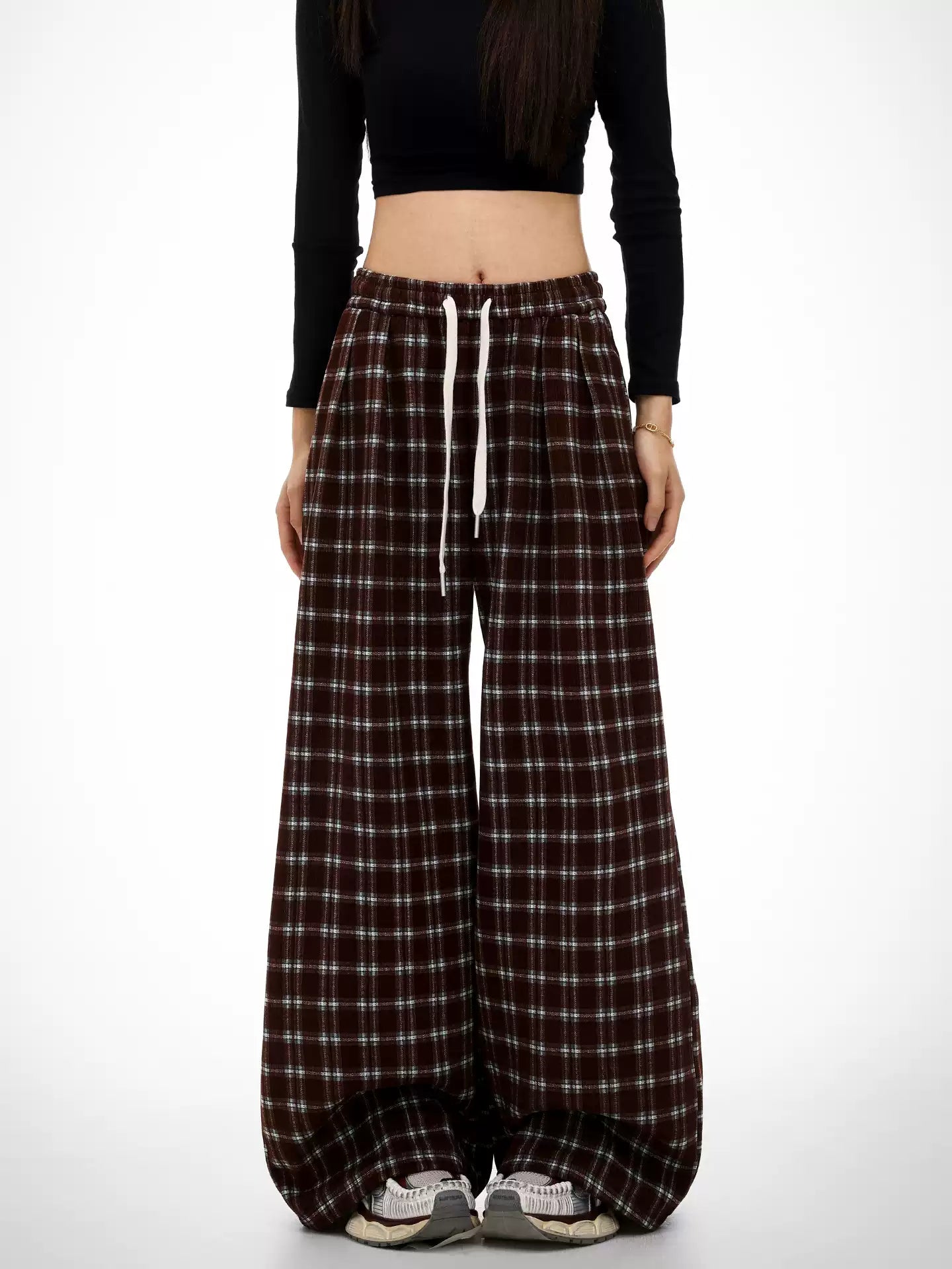 Retro wide-leg plaid casual pants