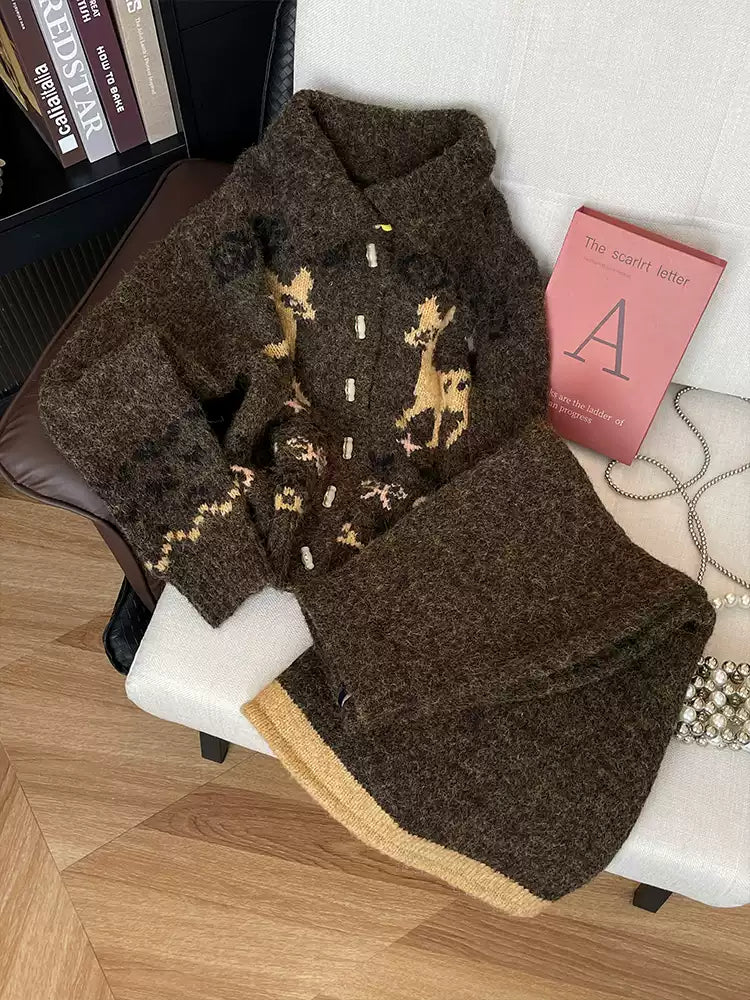 Fair Isle jacquard knit cardigan and skirt set