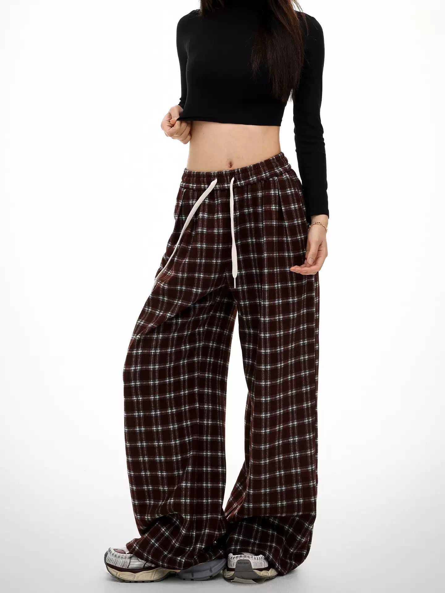 Retro wide-leg plaid casual pants