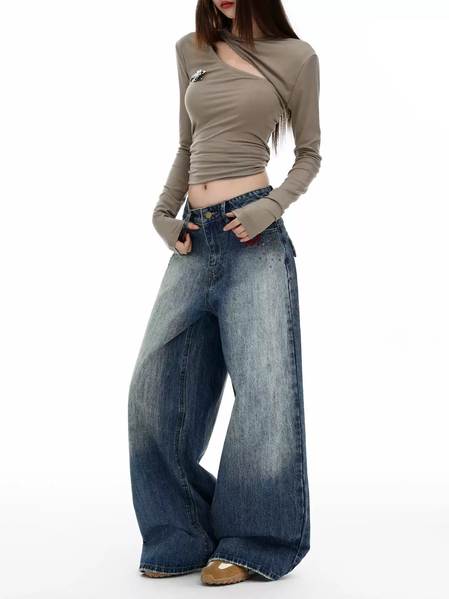 Retro heavy-duty washed wide-leg jeans
