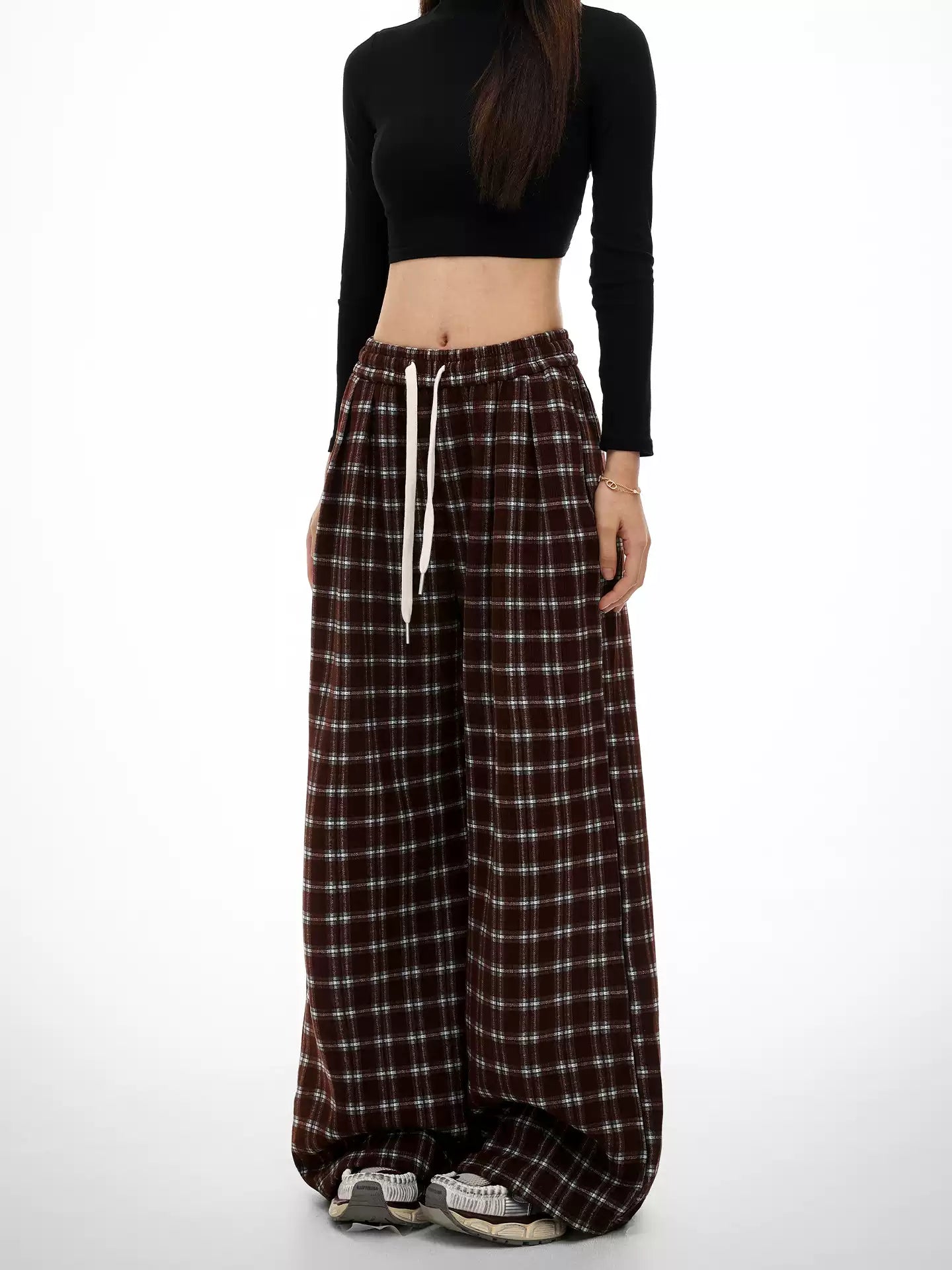 Retro wide-leg plaid casual pants