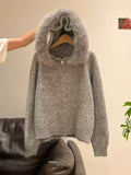 Hooded fur collar knit cardigan