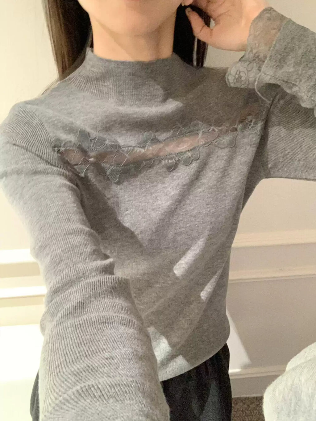 Lace-trimmed knit long sleeve